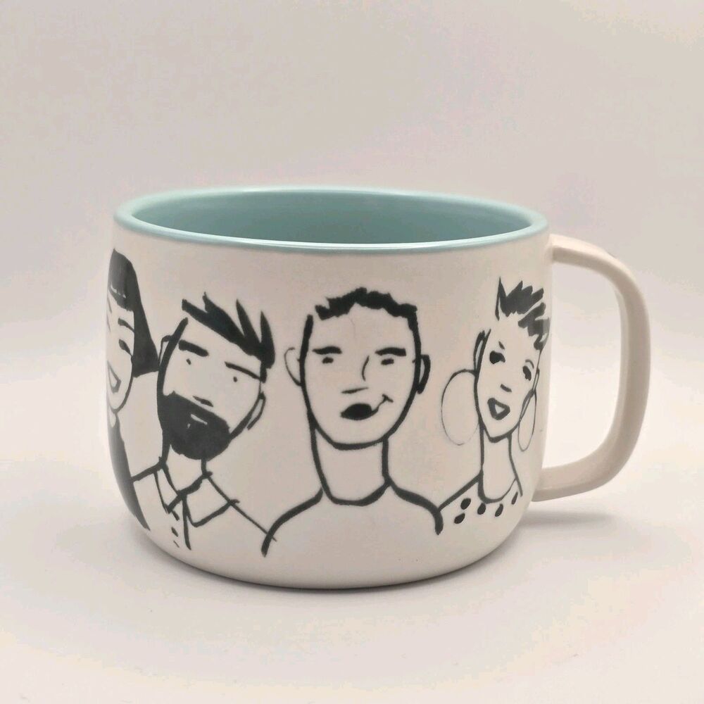 Anthropologie People Person Coffee Mug Collectible 10 oz. White Black Blue Faces
